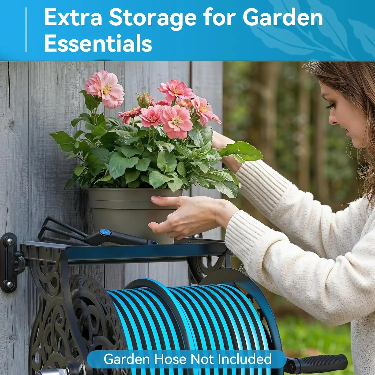 Reel, Hose Holder with Aluminum Frame, Never-Leak System, Easy Assembly, Hose Reel Wall Mount Holds 135 ft x 5/8 in Hose