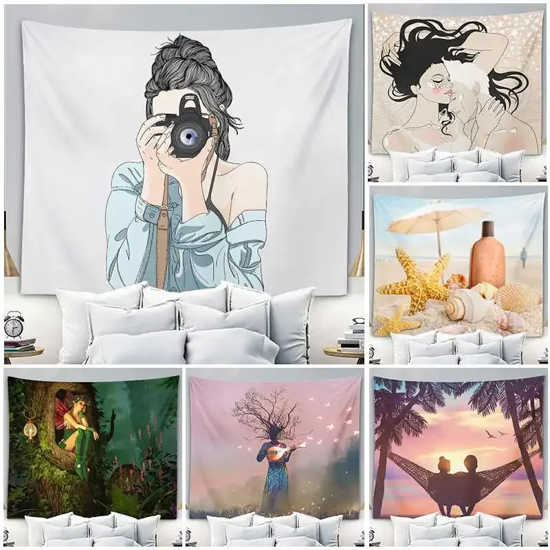 

Home background wall dormitory tapestry character female tapestry bedroom living room wall decoration background cloth