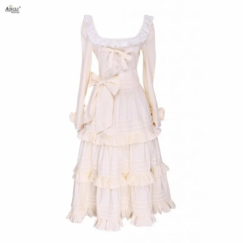 

Womens sweet Lolita beach dress bohemian fashion yellow long sleeves ruffles Cotton Lolita cake dress ainclu S-XXL spring/summer