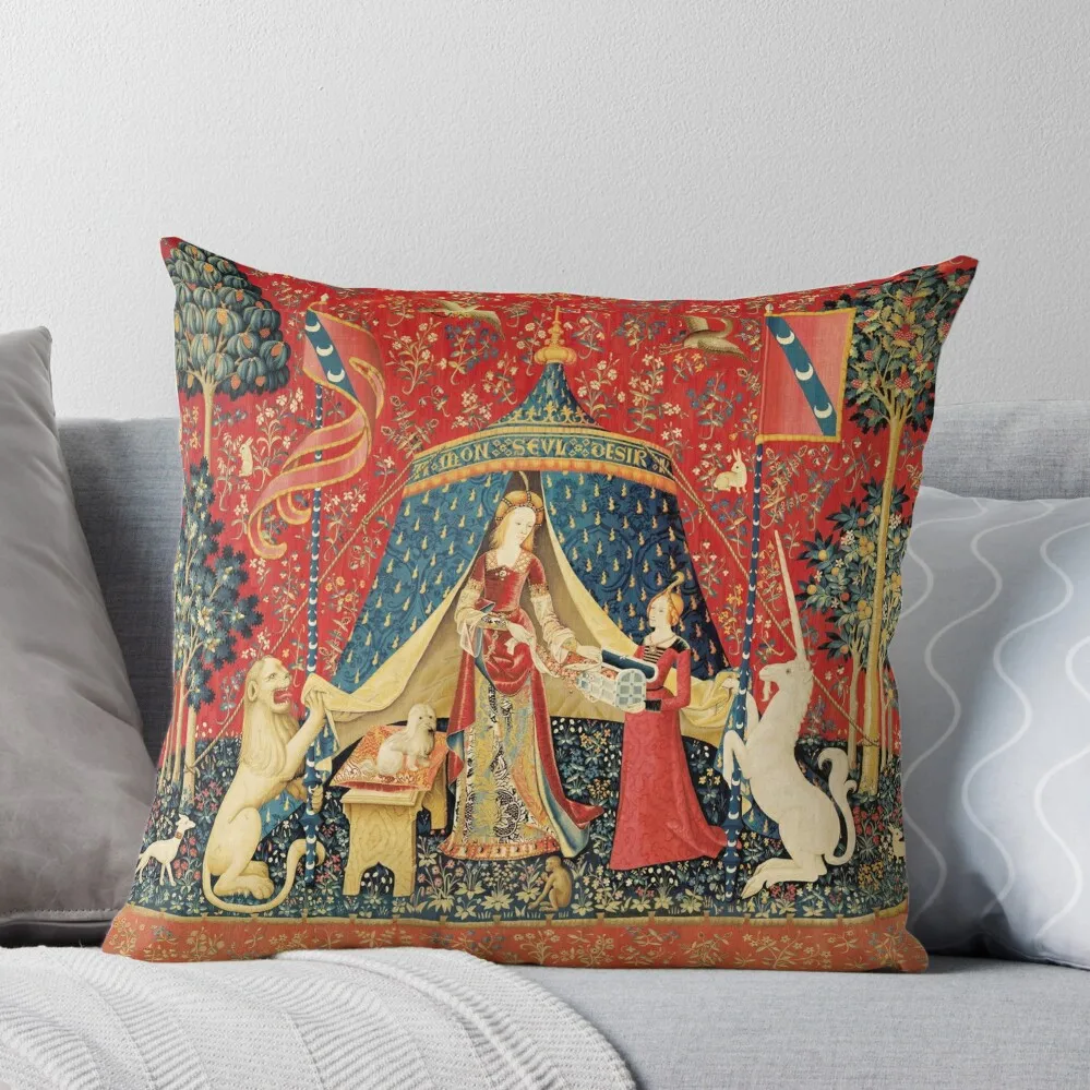 

LADY AND THE UNICORN DESIRE ,Lion,Fantasy Flowers,Animals,Red Green Floral Tapestry Throw Pillow ornamental pillows