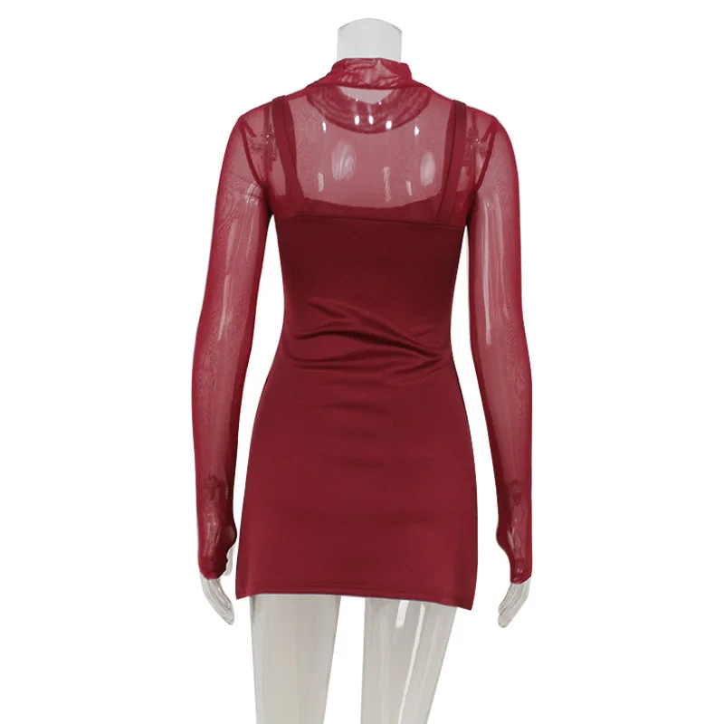 DSMTRC Mesh Patchwork Mini Dress For Women Party Elegant Evening Vestidos Fashion Lace Long Sleeve Turtleneck Slim Short Dresses