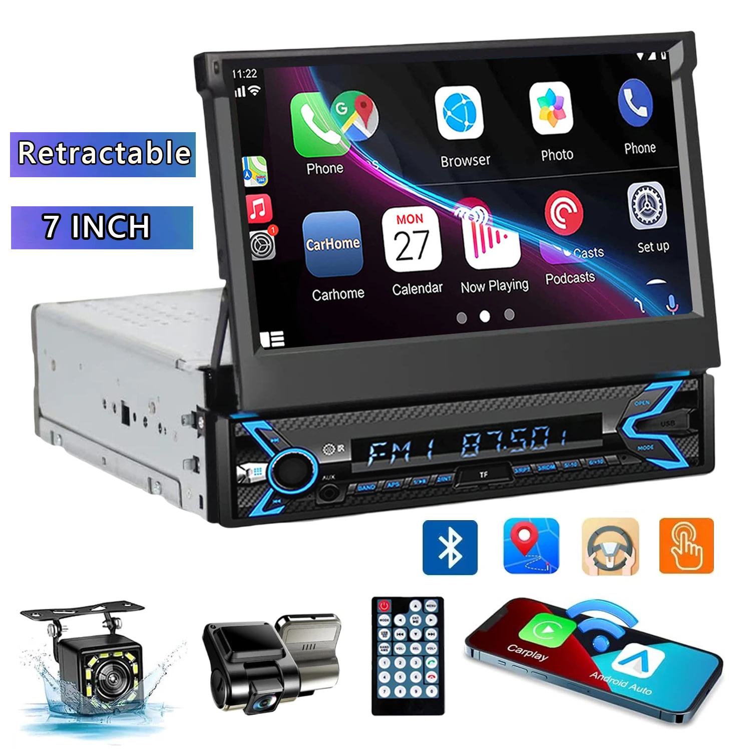 7" Retractable 1-DIN Car Stereo 1