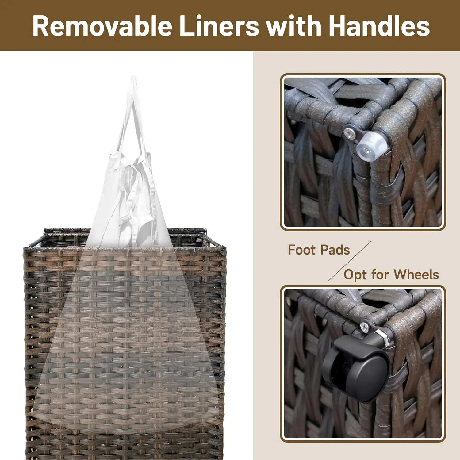70L Slim Laundry Hamper with Lid & Wheels Rolling Laundry Basket with 2 Removable Liner Bags & 3 Mesh Bags Narrow Dirty Clothes