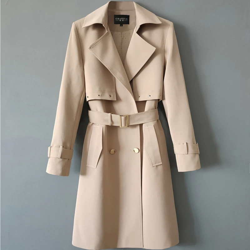 

Korean Khaki Black Big Pocket Trench Coat Women Windbreaker Spring Autumn Loose Mid Long Belt Double Breasted Overcoat Female
