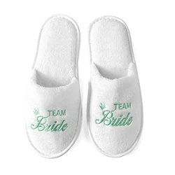 Luxurious Bridal Party Slippers with Elegant Golden & Pink Embroidery, Lightweight Plush Cozy Flats with Non - Slip Soft Sole - One Size (Team Bride Green)