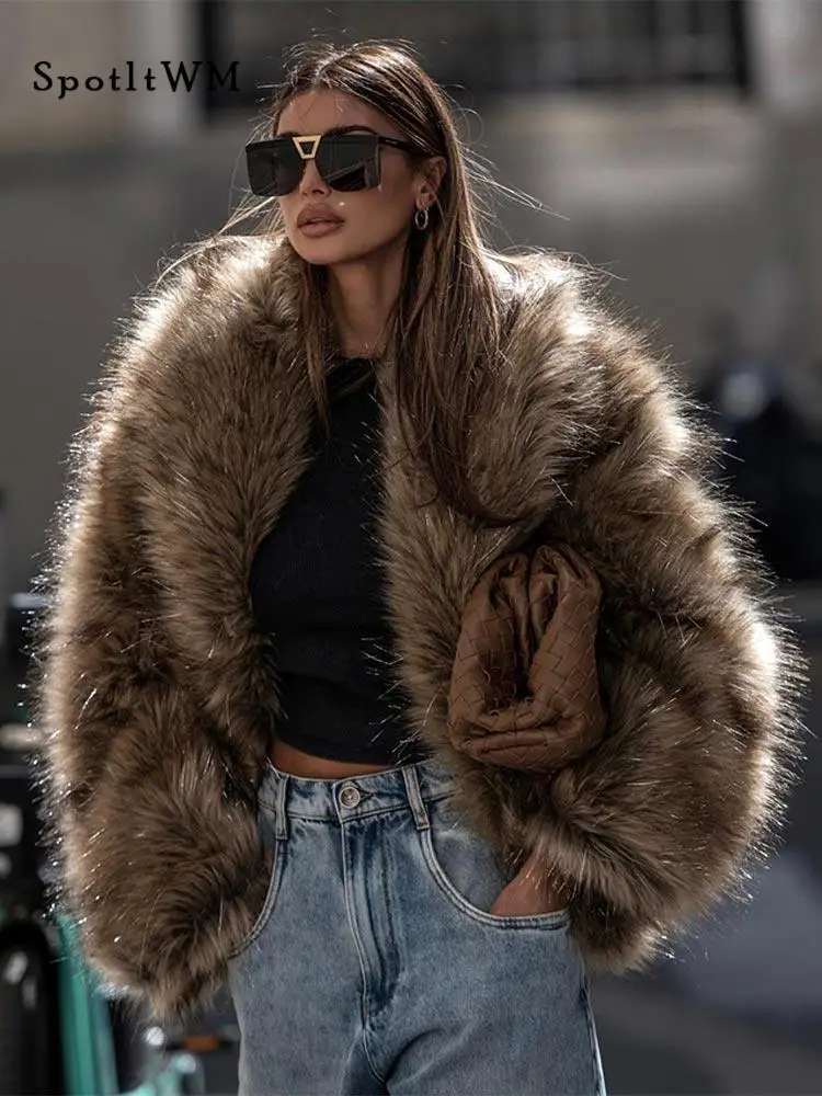 

Autumn Winter Warm Faux Fur Coats Women Vintage Lapel Loose Long Sleeve Thick Furry Coat 2023 Female Chic High Street Overcoats