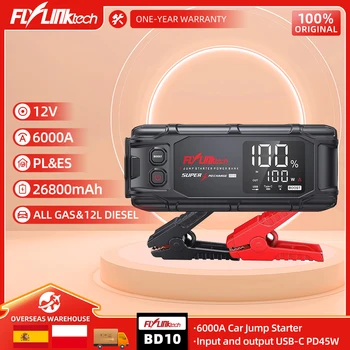 FLYLINKTECH 6000A Avviatore di emergenza per auto 26800mAh Power Bank PD45W In & Out Dispositivo di avviamento booster di emergenza a ricarica rapida per auto 12V