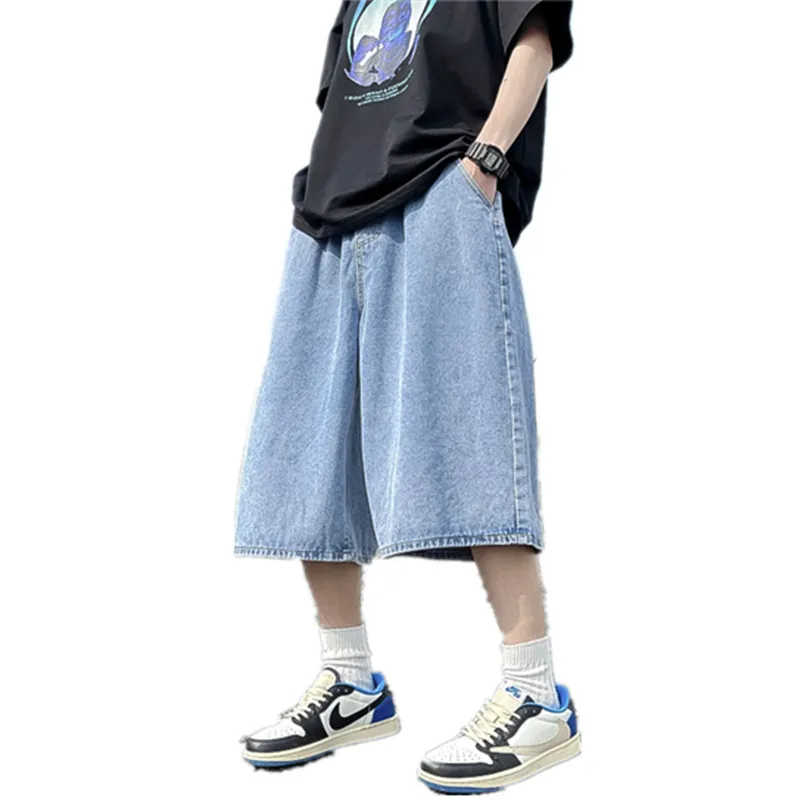 Solid Color Denim Shorts Jeans Men Loose Straight Cut Retro Blue Male Hip Hop Shorts Men Summer Distressed Big Size B70
