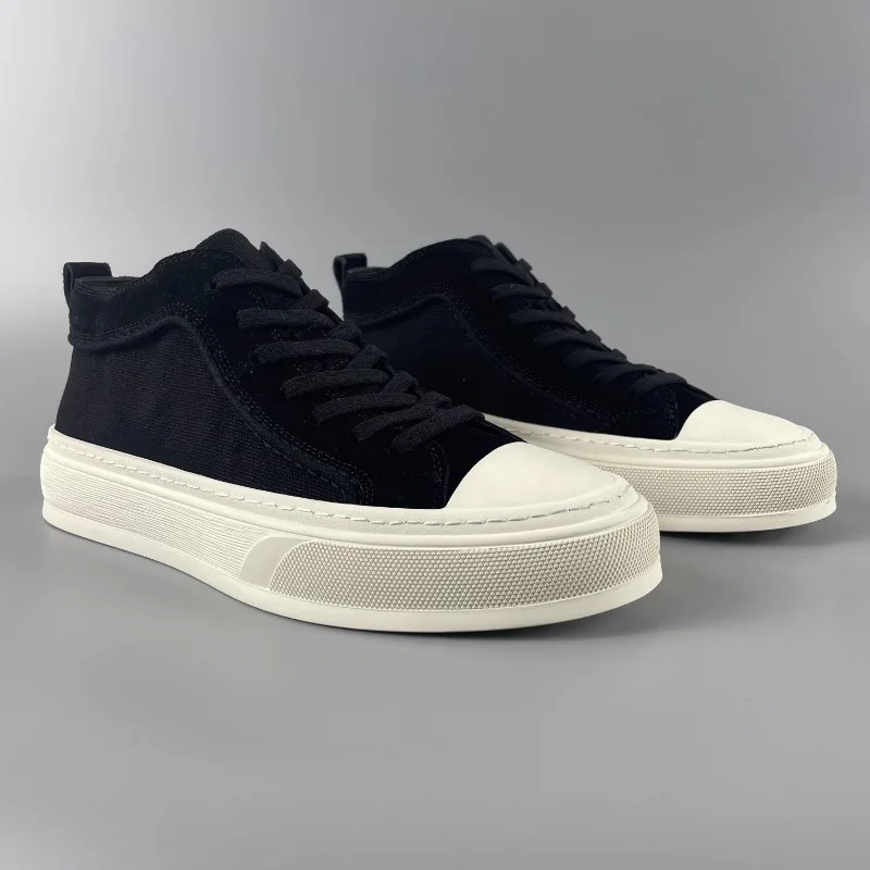 Genuine leather patchwork breathable versatile canvas high top shoes with thick soles, casual lace up board shoes for men