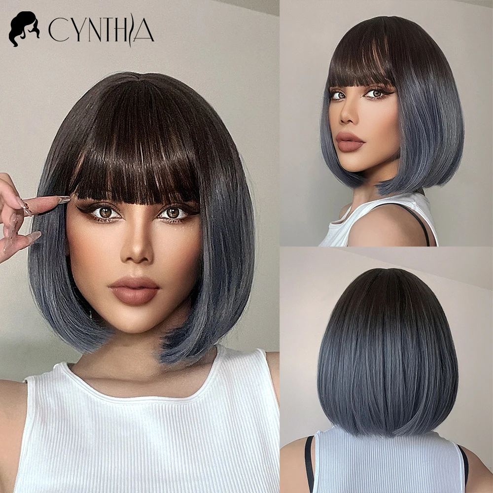

Black To Blue Ombre Short Bob Straight Hair Synthetic Wigs With Bangs For White Women Cosplay Nutural Heat Resistant Female Fibe