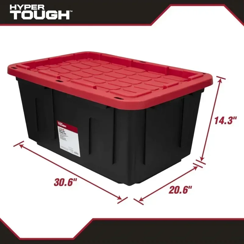 27 Gallon Stackable Snap Lid Plastic Storage Bin Container, Black with Red Lid, Set of 4 4