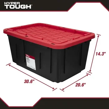 27 Gallon Stackable Snap Lid Plastic Storage Bin Container, Black with Red Lid, Set of 4 4