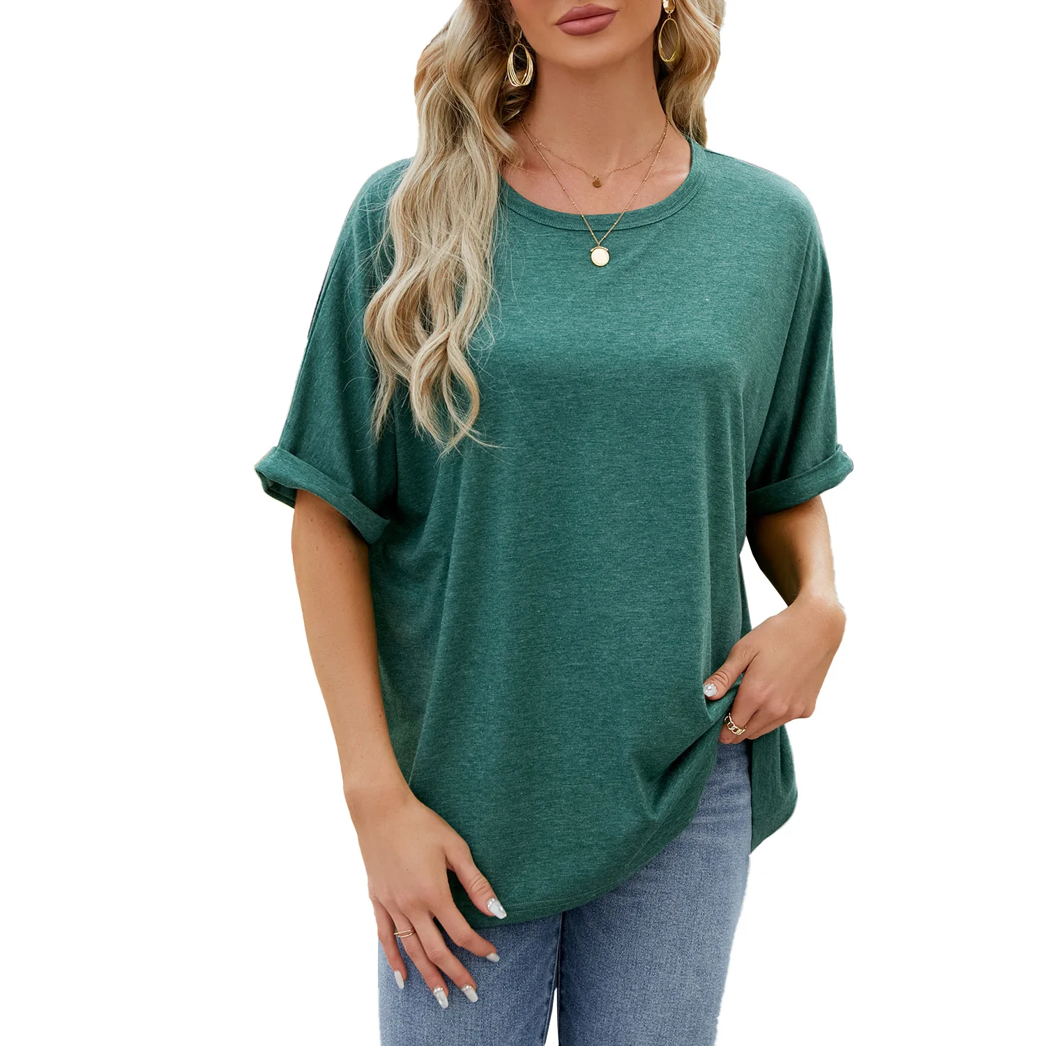 

Women's Spring/Summer Solid Round Neck Loose Short Sleeved T-shirt Top