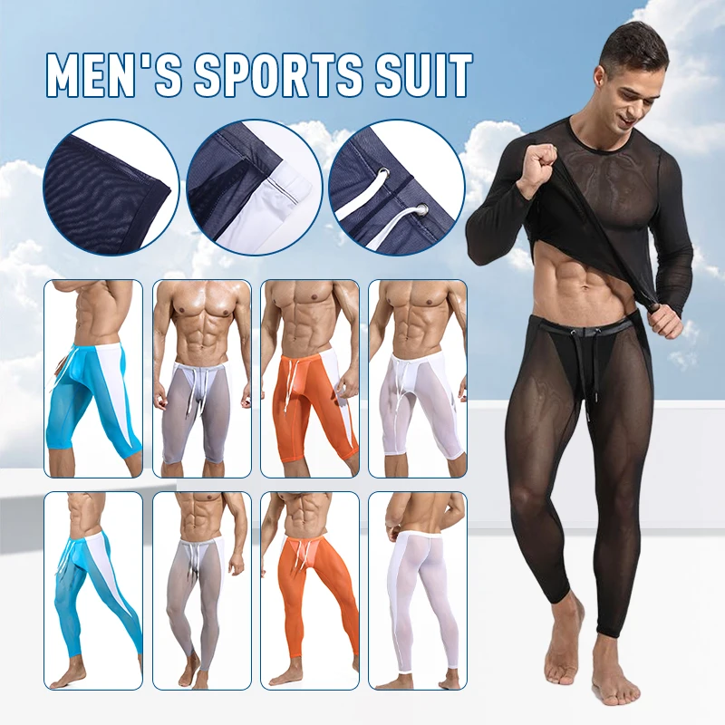 Collant da uomo in rete traspirante T-shirt Abbigliamento sportivo Leggings Pantaloni estivi a compressione sexy Collant da corsa fitness Pantaloncini da allenamento per palestra