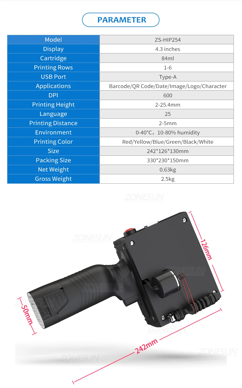 ZONESUN Multilingual Inkjet Date Serial Number Logo Printing Machine ZS-HIP254