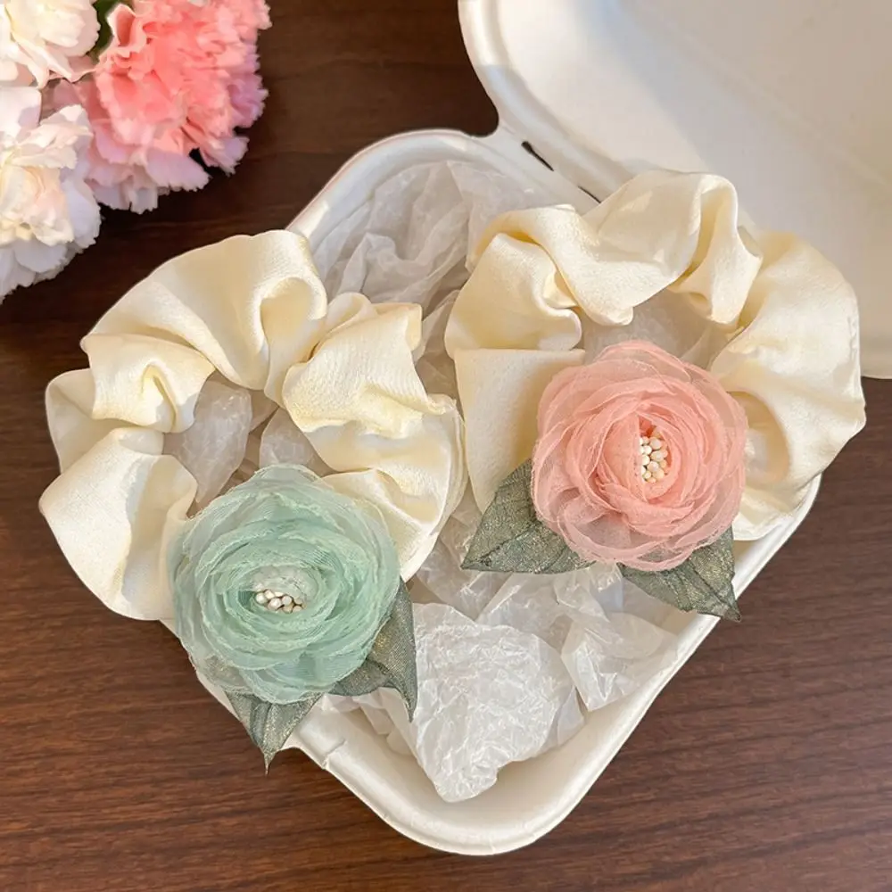 

Spring Satin Camellia Hair Band Mesh Flower Elastic Hair Ropes for Women Sweet Temperament Hair Accessories