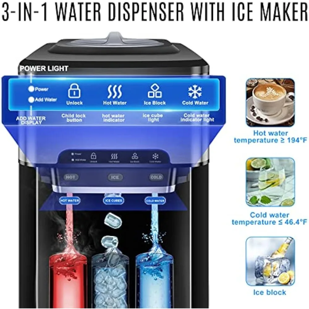 Water Cooler Dispenser Built-in Ice Maker Countertop,3-in-1 Portable Ice Machine 44lbs Daily,Top Loading 5Gallon Water Dispenser 2