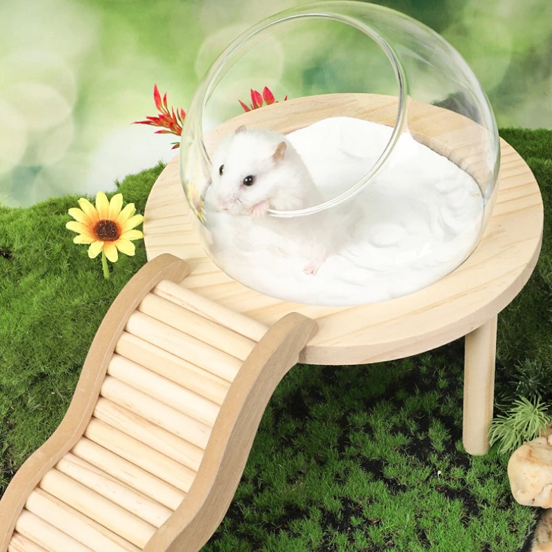 Hamster Bath House with Wooden Ladder Bridge Easy to Clean Climbing Toy Hamster Bathroom Glass Shower Container for Safe Bathing 3