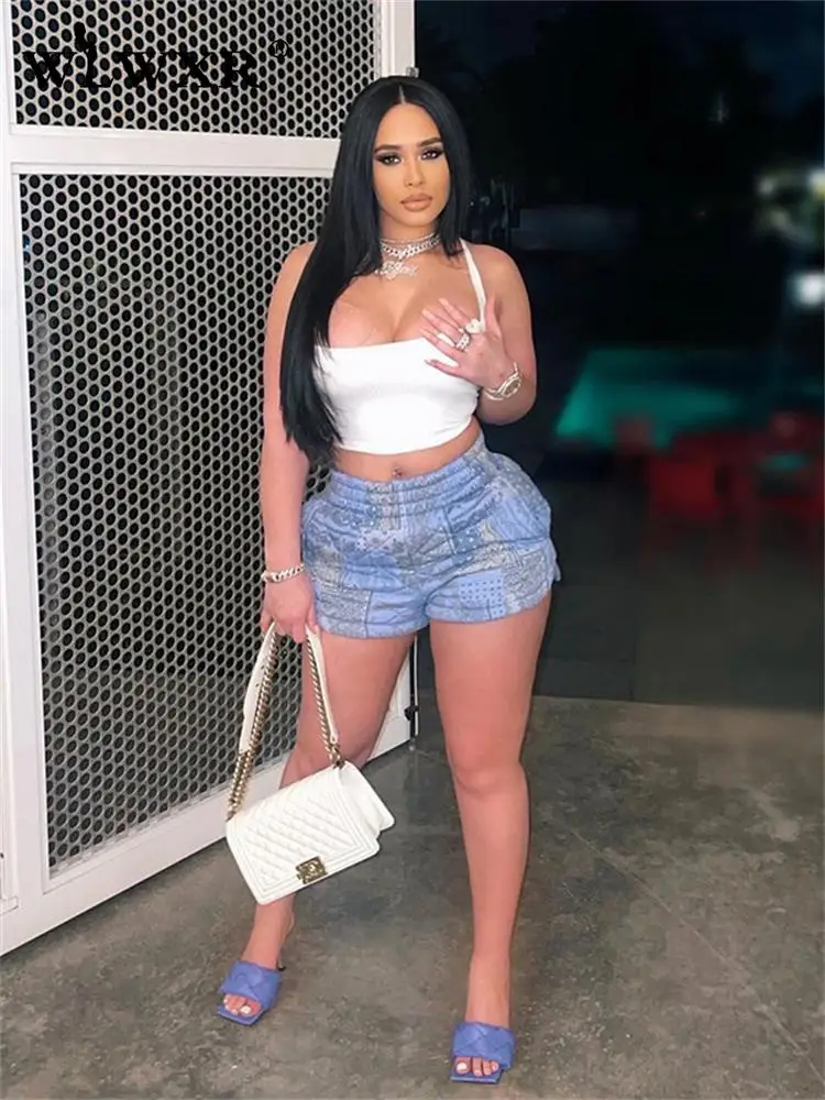 

WLWXR Summer Street Style Booty Shorts For Women 2023 Night Club Outfits Elastic Waist Shorts Print Casual Short Pants