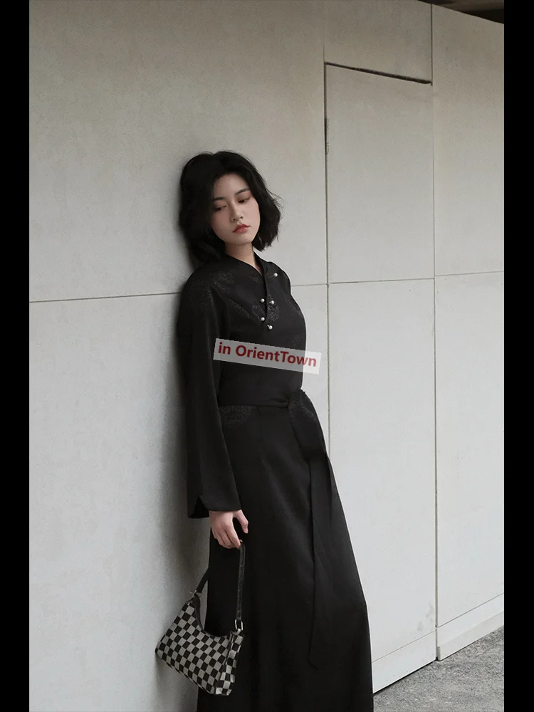 Asian Autumn Trend Woman China National Tibetan Black Gown Full Sleeve Quality Damask Robe Tibet Traditional Female Cotton Dress