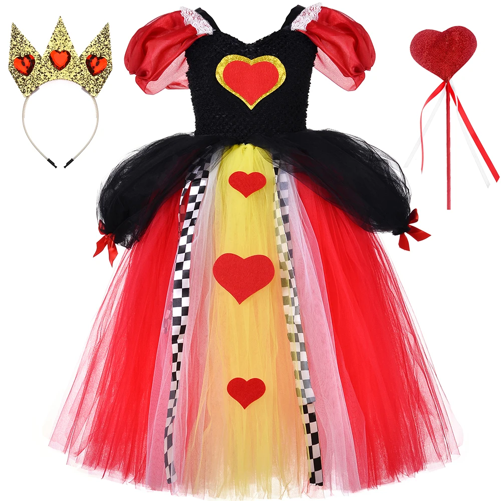 Wonderland Queen Of Hearts Costume Per Bambini Halloween Birthday Party Dress Ball Gown Red Queen Cosplay Girls Tutu Princess Dress