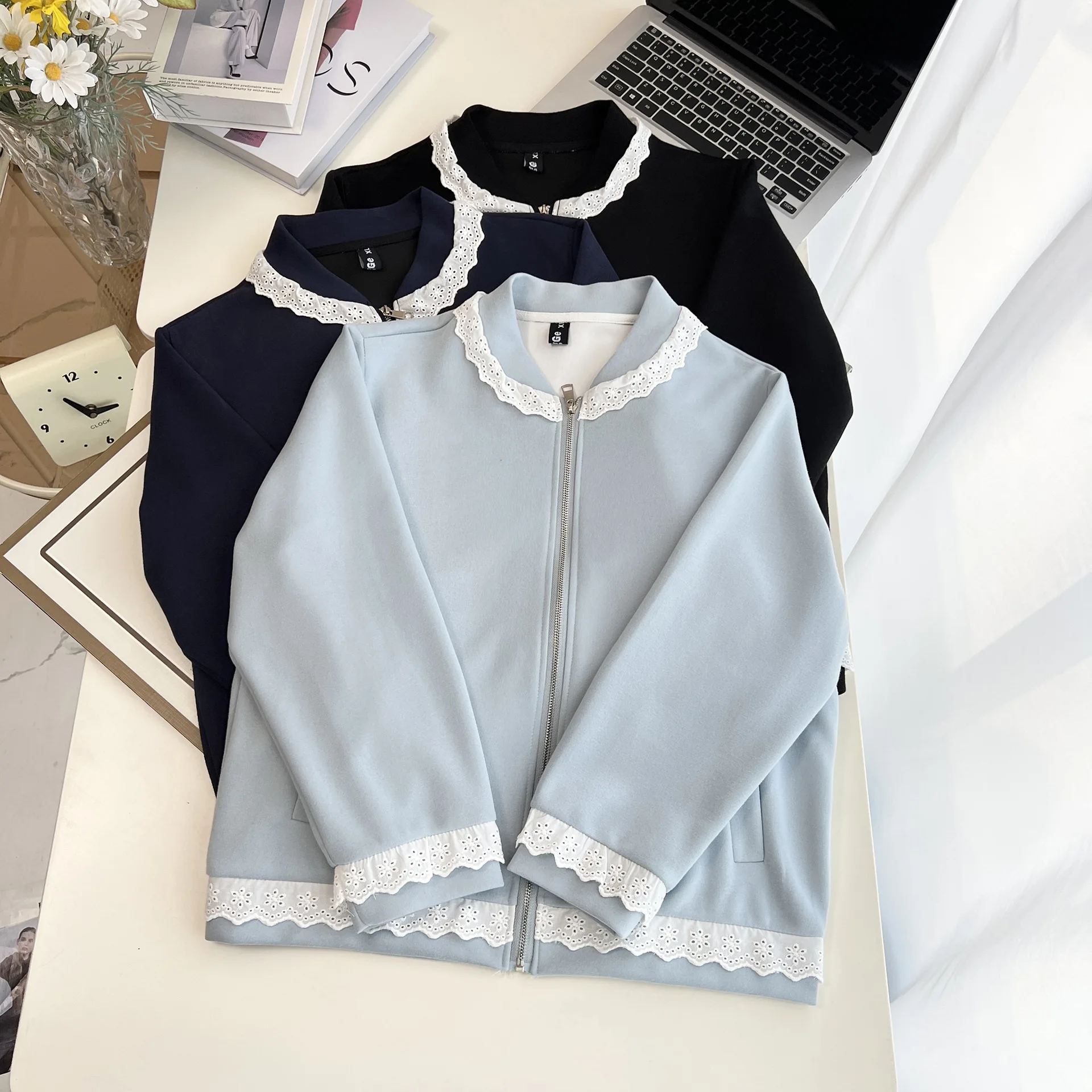 Fashion Plus Size Women's Jacket New Autumn Casual And Fresh Lace Trimmed Zipper Baseball Uniform 955