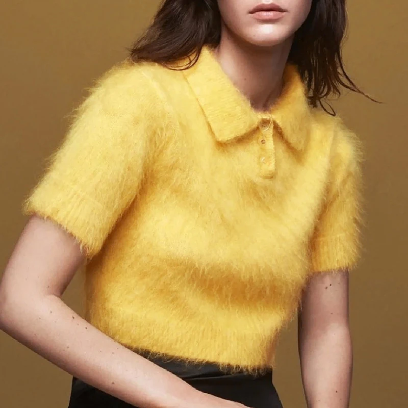 

Wool Cashmere Blend Short Sleeve Knit Pullover Women Fashion Polo Collar Single Breasted Sweater Autumn Elegant Soft Lady Tops
