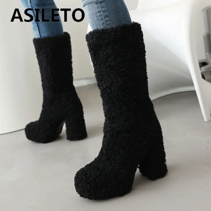 

ASILETO Winter Warm Sheepskin Women Boots Round Toe Chunky Heels 11.5cm Platform 3cm Slip On Plus Size 41 42 Casual Daily Bota