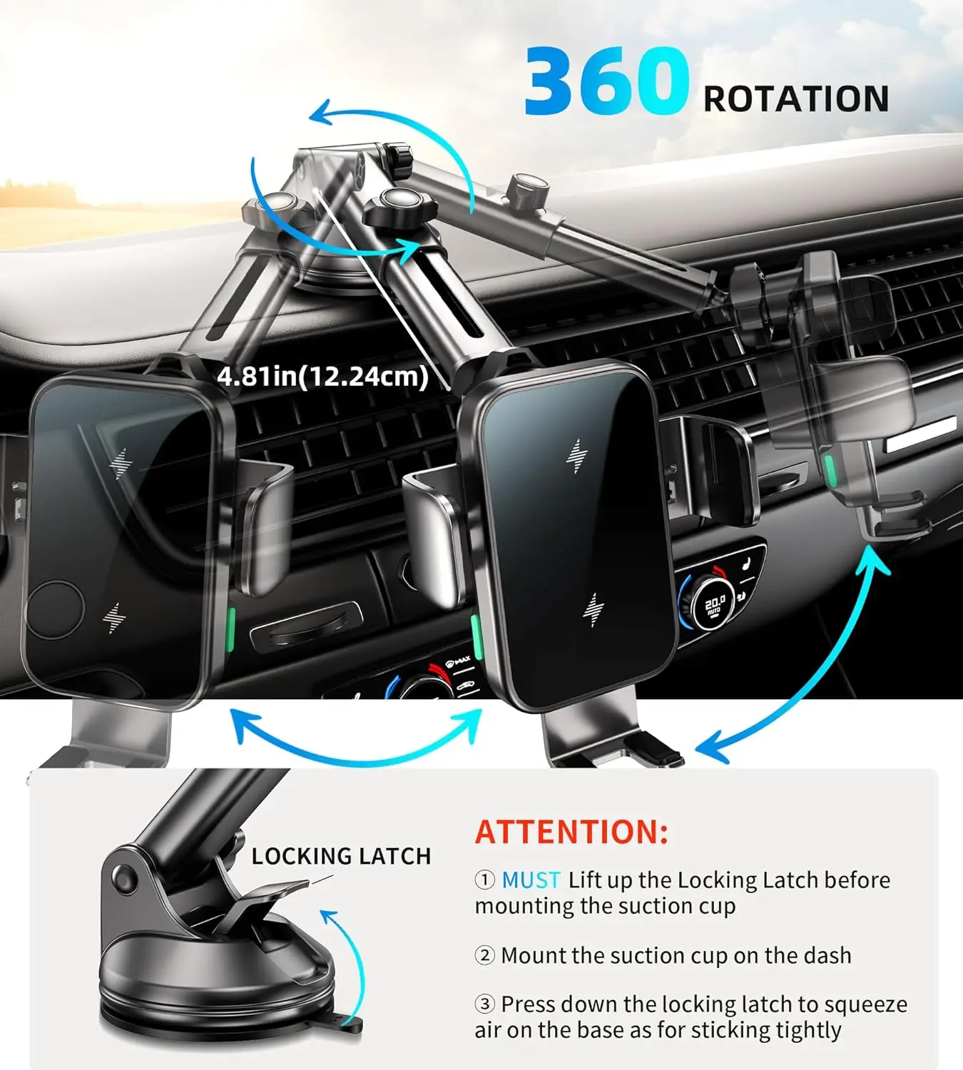15W Car Phone Holder Wireless Car Charger Dual Coil Dash thumbnail 5