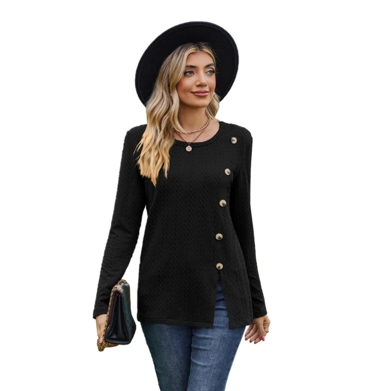 

Ribbed Neck T-Shirt Womens Spring Long Sleeve Side Slit Button Pullover N7YF