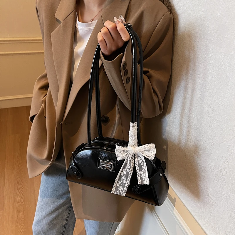 Women Small Underarm Bag PU Leather Bow Leisure Armpit Handbag Solid Color Travel Underarm Handbag Girls Outdoor Daily Bag