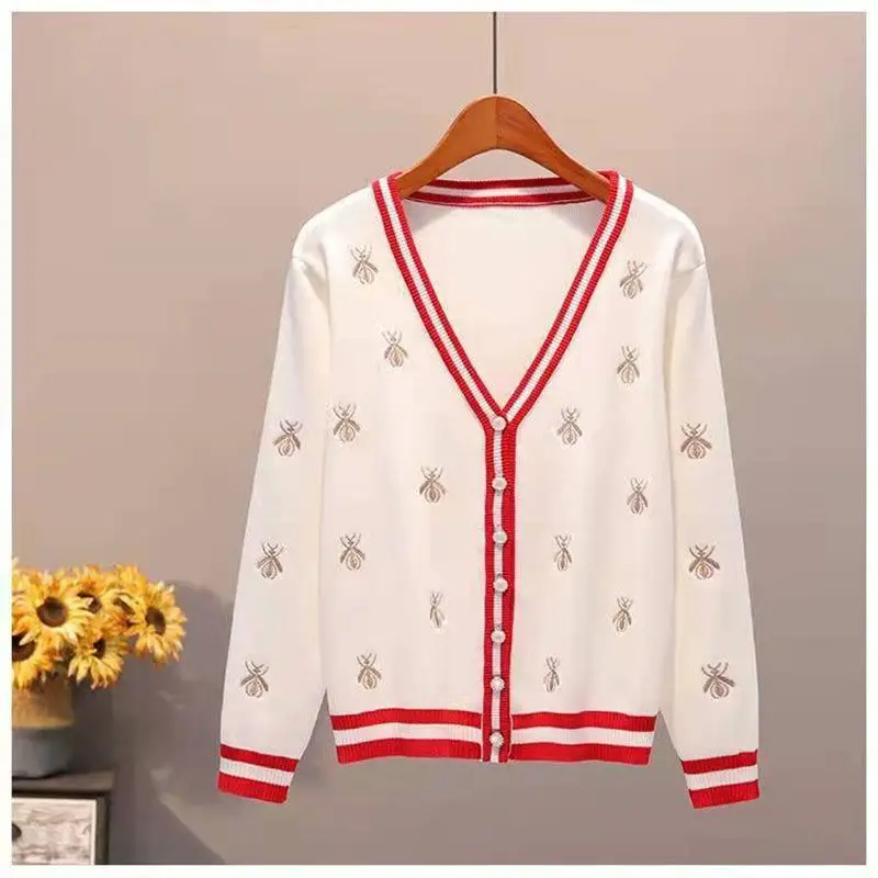 

High Quality Fashion Designer Bee Embroidery Cardigan Long Sleeve Single Breasted Contrast Color Button Knitted Sweaters