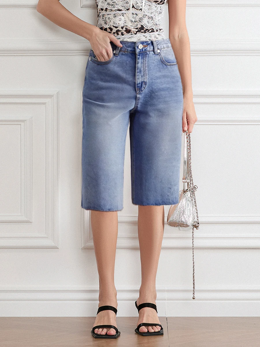Women s Distressed Denim Bermuda Shorts with Frayed Hem and High Waist Casual Capri Jean Pants for Summer Beachwear and Travel
