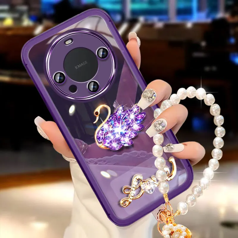 Diamond Swan Mate60, Hülle für Huawei Mate 60 Pro Plus 20 Nova Y61 Y 70 90 91 Perlenarmband Glitzerhülle Mate60 pro+_voghion.com