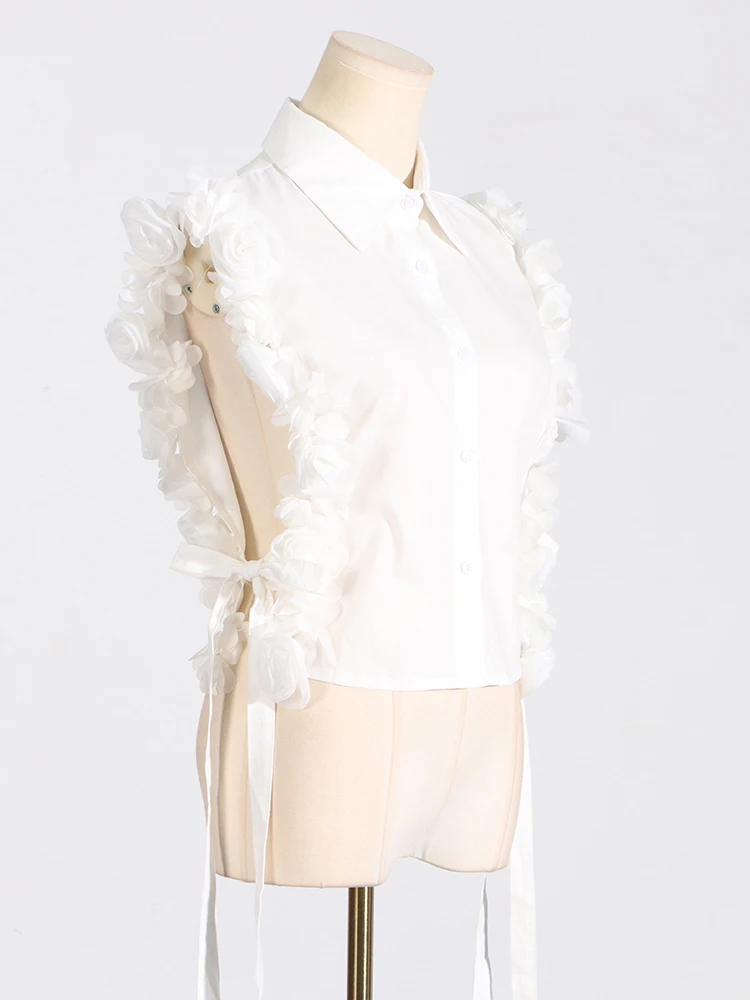 GALCAUR Solid Patchwork Appliques Shirts For Women Lapel Sleeveless Hollow Out Spliced Single Breasted Slimming Blouse Female