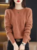 100% Mink cashmere sweater Women's knitting sweater O-neck long sleeve pullover Autumn and winter clothing warm top 1