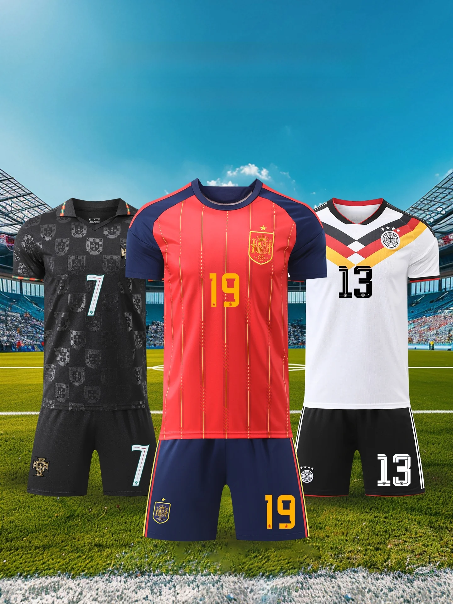 남성용 홈 경기장 축구 유니폼 팬 버전 트레이닝복 세트 반팔 V넥 반바지 폴리에스터 섬유 스포츠웨어