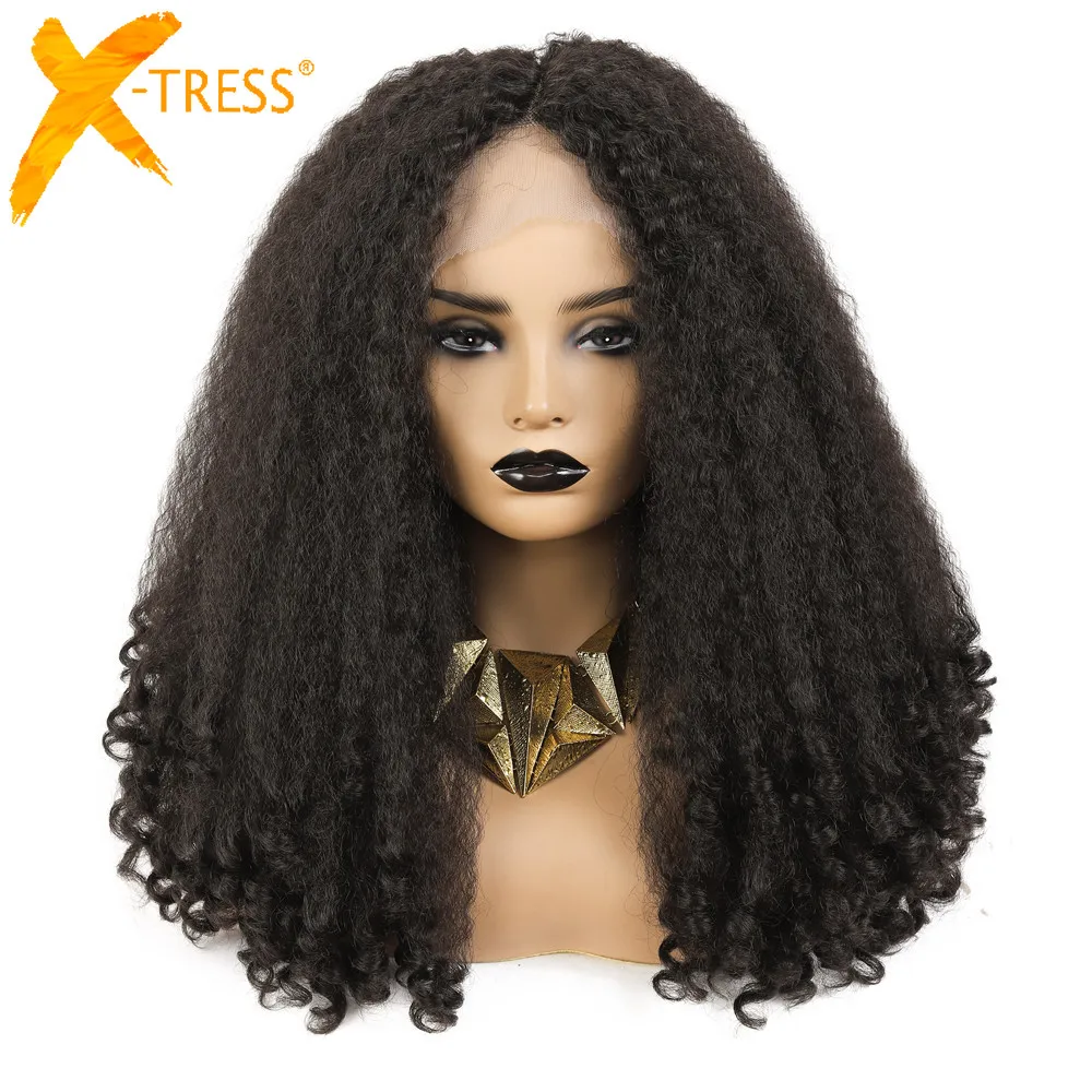 

Synthetic Lace Front Wig Middle Part Afro Kinky Curly Long Fluffy Hair Wigs Darker Brown 20 Inch Heat Friendly Hairstyle X-TRESS