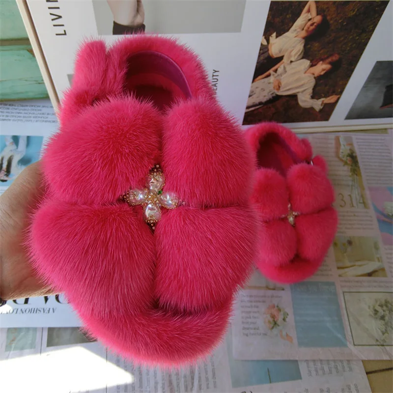 Fur Slippers Women's New Big Flower Fashion Mink Fur Sandals High Quality Outdoor Wear Design Fur Slippers