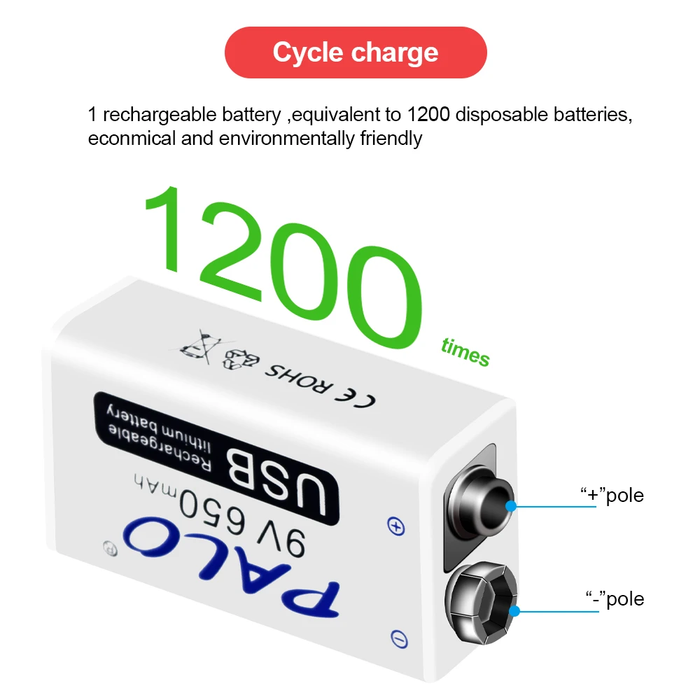 Rechargeable 9V Battery 650mAh Micro USB 9 Volt 6F22 Lithium Crown 9v Batteries for Multimeter KTV Microphone Metal Detector