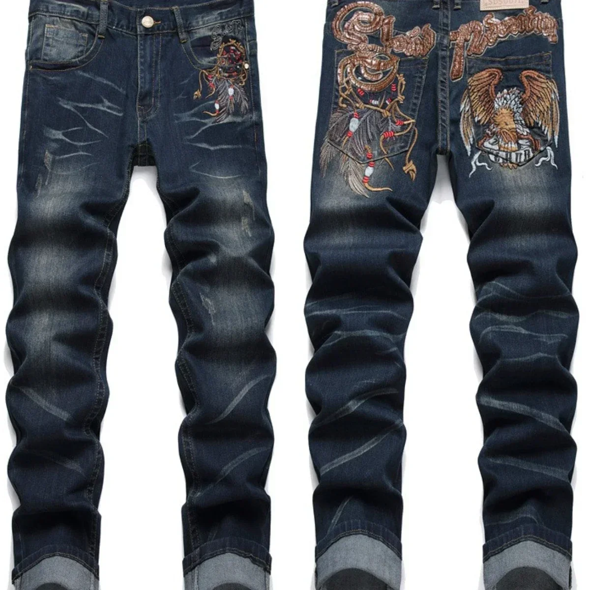 Men's Ink Splash Graffiti Jeans 3D Inner Embroidery Bleached Slim Fit Broken Hole Long Pants High Elastic Zipper Trendy Cat 2024