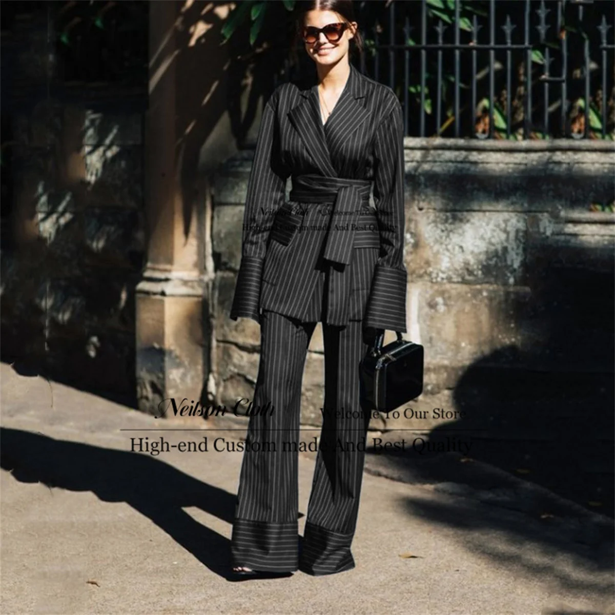 

Fashion Black Stripe Slim Fit Blazers For Office Ladies Work Wear Notched Lapel 2 Pieces Sets With Belt Women's Trouser Suits