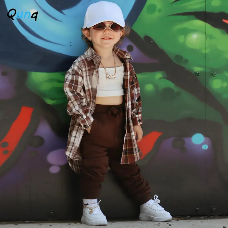 

Qunq 2022 Autumn New Boys And Girls Casual Long Sleeve Plaid Turn Down Collar Shirt Coat Street Casual Kids Clothes Age 3T-8T
