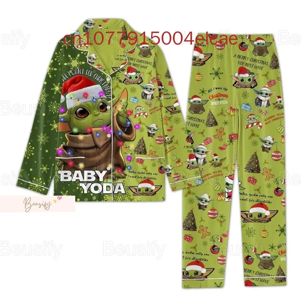 Baby Yoda Christmas Long Sleeve Pajamas Two-piece Set Men's and Women's Pajamas Women's Cartoon Pajamas Pants Set 2