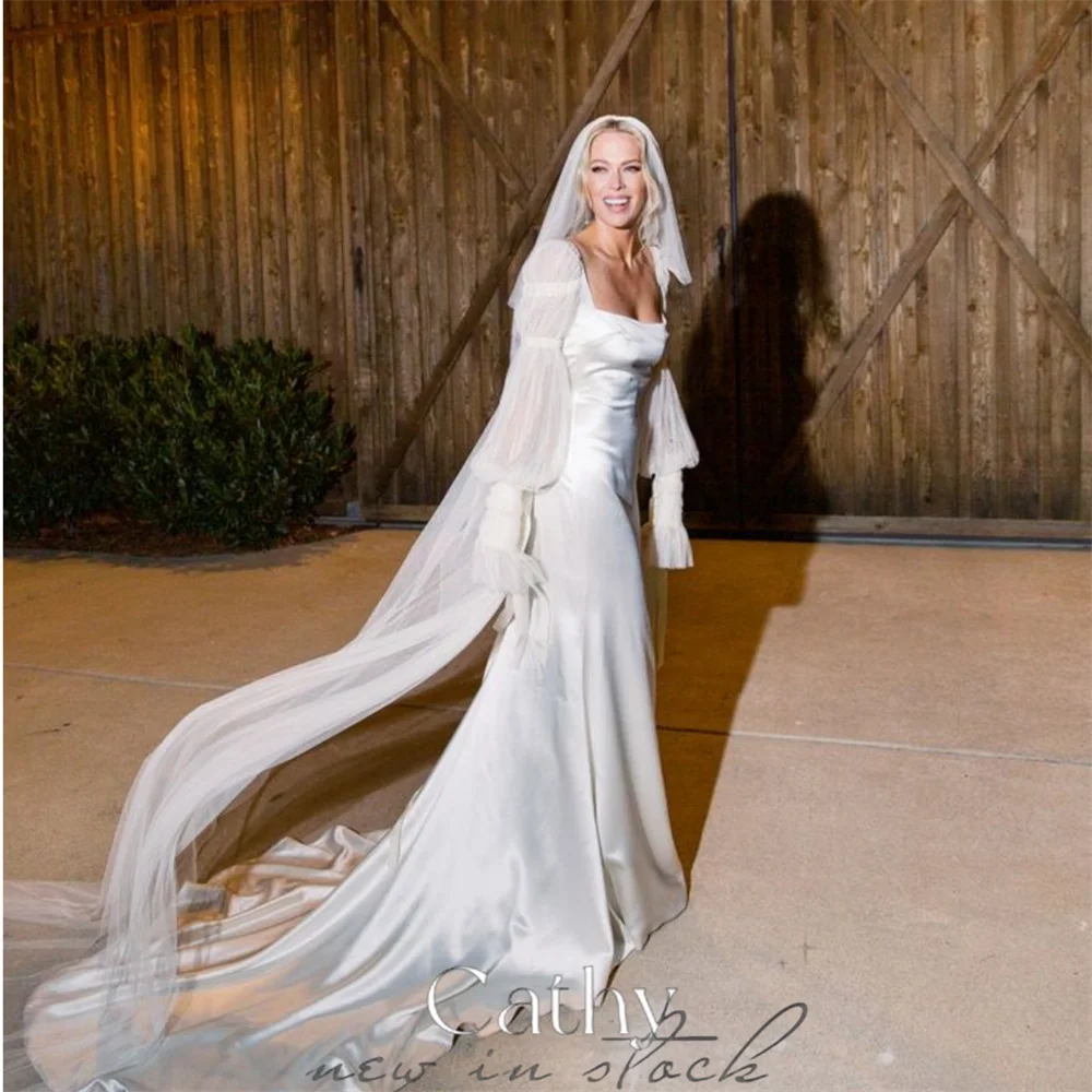 

Cathy White Long Train Puff Sleeves Mermaid Wedding Dress Detachable Shawl فستان حفلات الزفاف Elegant Backless Prom Dress