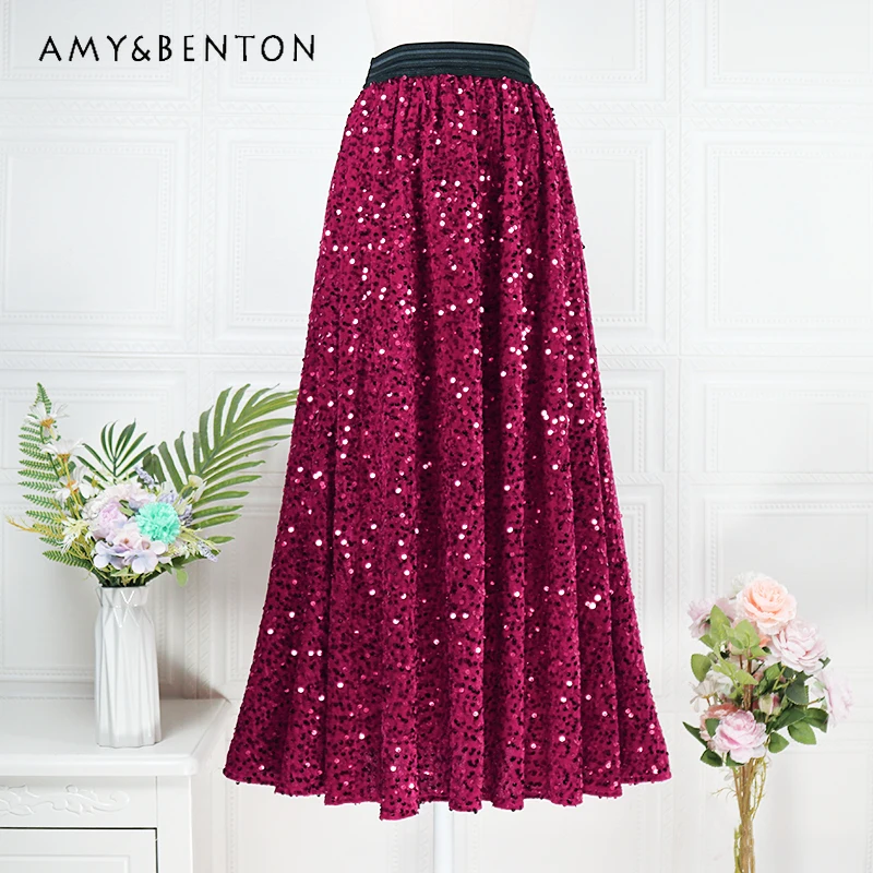 2024 Autumn And Winter New Velvet Glitter Heavy Industry Skirt High Waist Slimming A-line Skirt Fashion Temperament Long Skirts