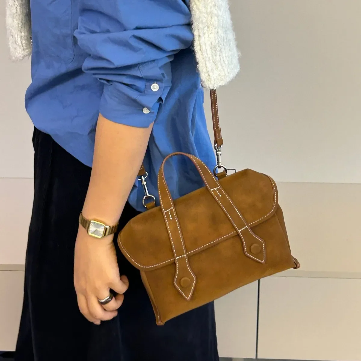 Fashion Autumn Winter  Boston Tote Soft Matte Suede Cow Leather Women's Handbag Shoulder Crossbody Bag For Women Brown