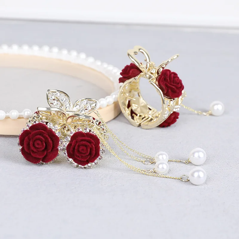 2022 New Rose Pearl Rhinestone Hair Claws Girl High Ponytail Clip Fixed Hairpin Claw Clip Temperament Hair accessories Headwear rhinestone hair claw clip ponytail cuff small diamond high ponytail holder hairpins hair styling accessories for women girl o7s0