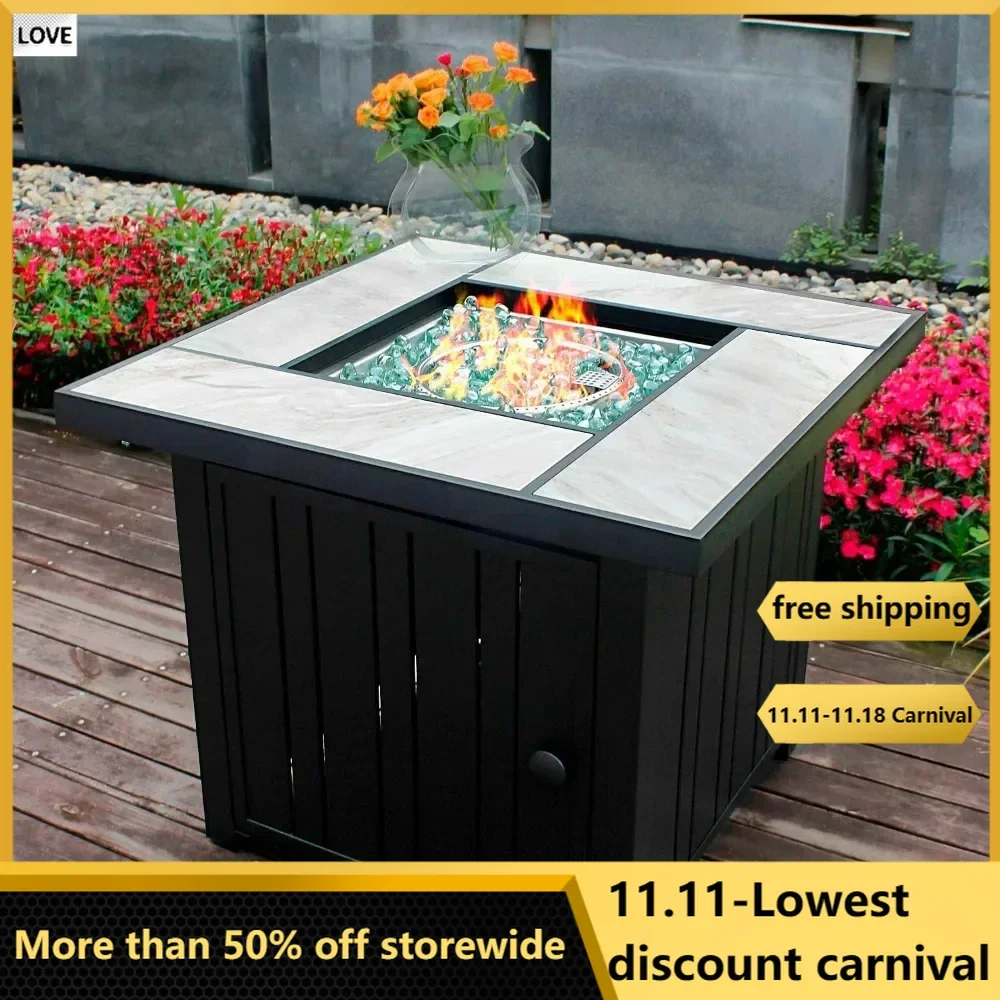 30" Propane Fire Pit with Real Ceramic Tabletop, 50000 BTU Gas Fire Pit Table with Lid&Glass Rock, Outdoor Fire Pit table