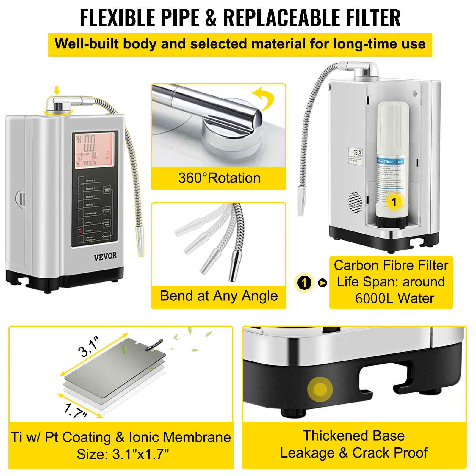VEVOR-máquina ionizadora de agua PH3.5-10.5, sistema de filtración para el hogar, filtro purificador de bebidas, 7 ajustes de agua para electrodomésticos